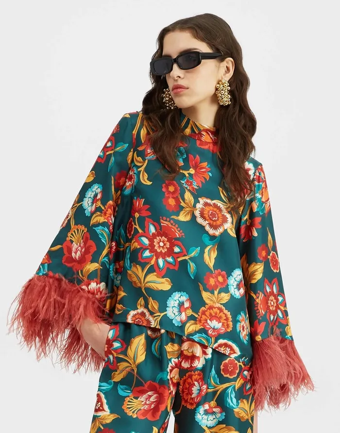 La Doublej Make An Exit Top Hottie Emerald In Silk Twill With Feathers Women Party Dressing La Doublej Make An Exit Top Hottie Emerald In Silk Twill With Feathers Women Party Dressing