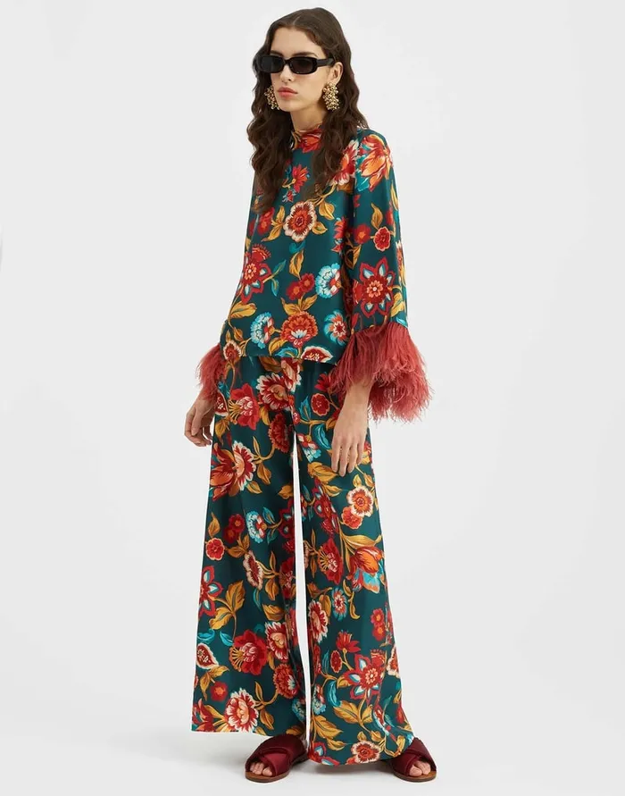 La Doublej Make An Exit Top Hottie Emerald In Silk Twill With Feathers Women Party Dressing