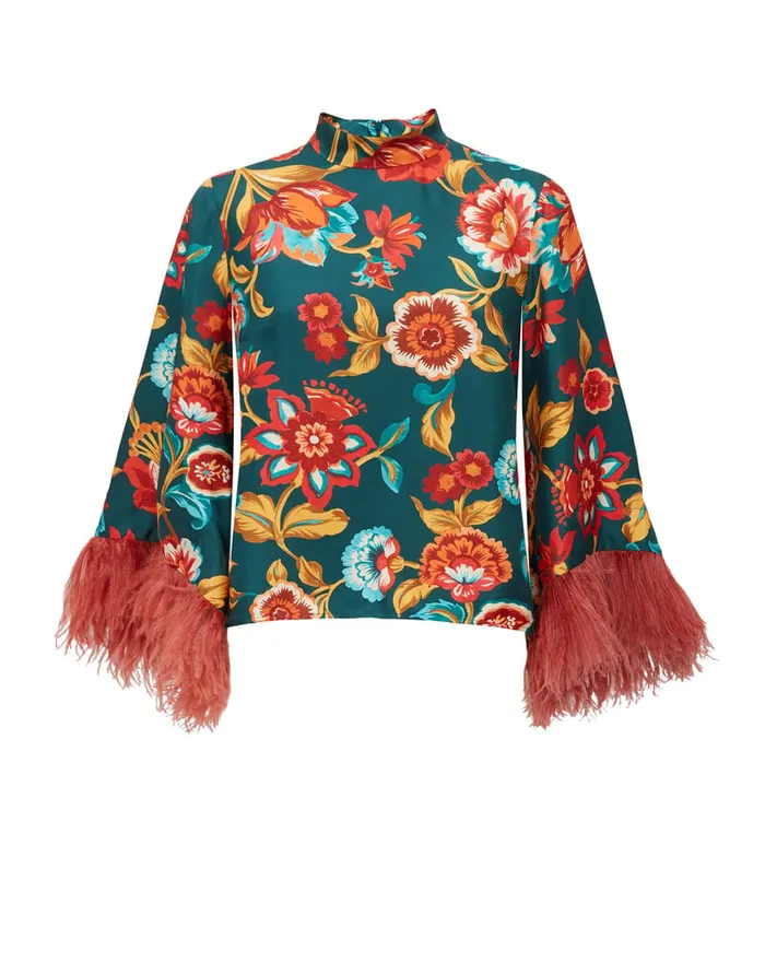 La Doublej Make An Exit Top Hottie Emerald In Silk Twill With Feathers Women Party Dressing