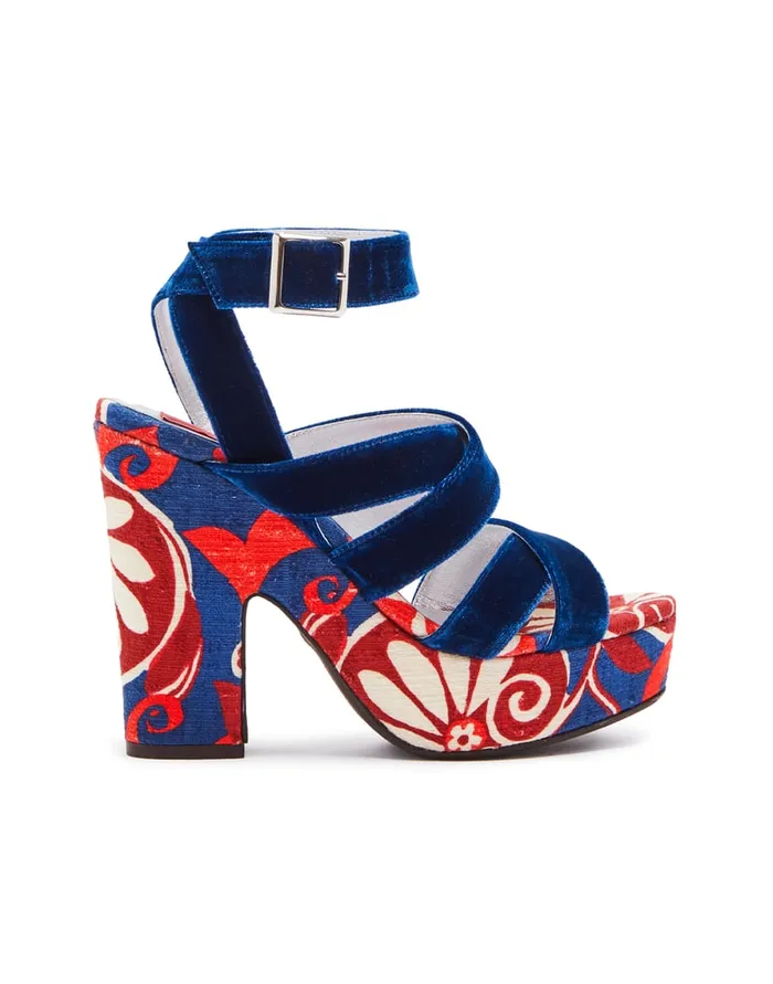 La Doublej Medal Wedge Moonflower Navy In Shot Cotton Women Shoes