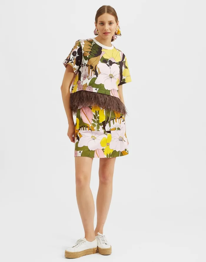 La Doublej Mini Skirt Big Flower Rose In Heavy Cotton Stretch Women Skirts