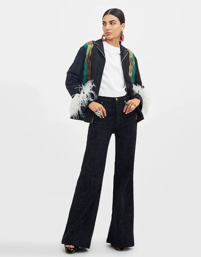 La Doublej Nile Jacket The Nile Black In Jacquard With Feathers Women Outerwear La Doublej Nile Jacket The Nile Black In Jacquard With Feathers Women Outerwear