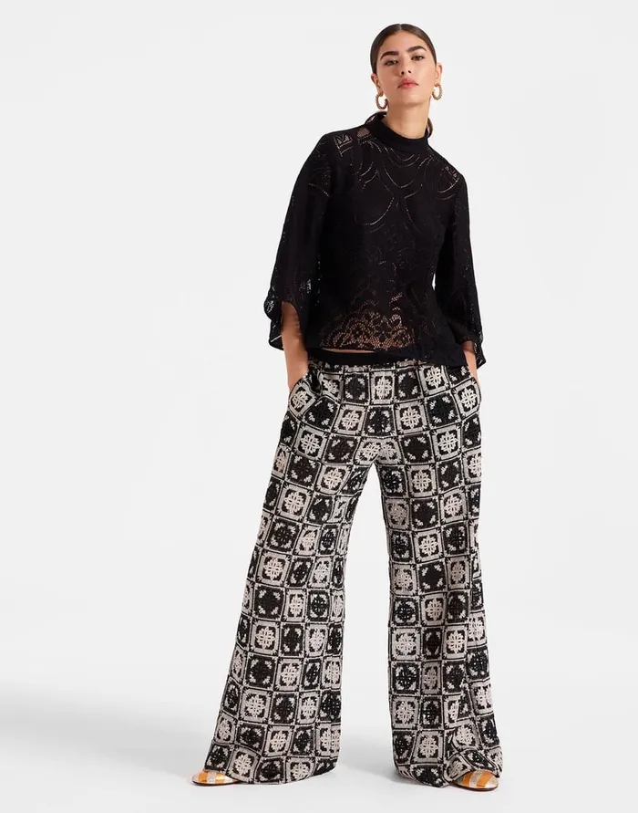 La Doublej Palazzo Pants Mini Tiles Black In Macram Women Shorts and Pants