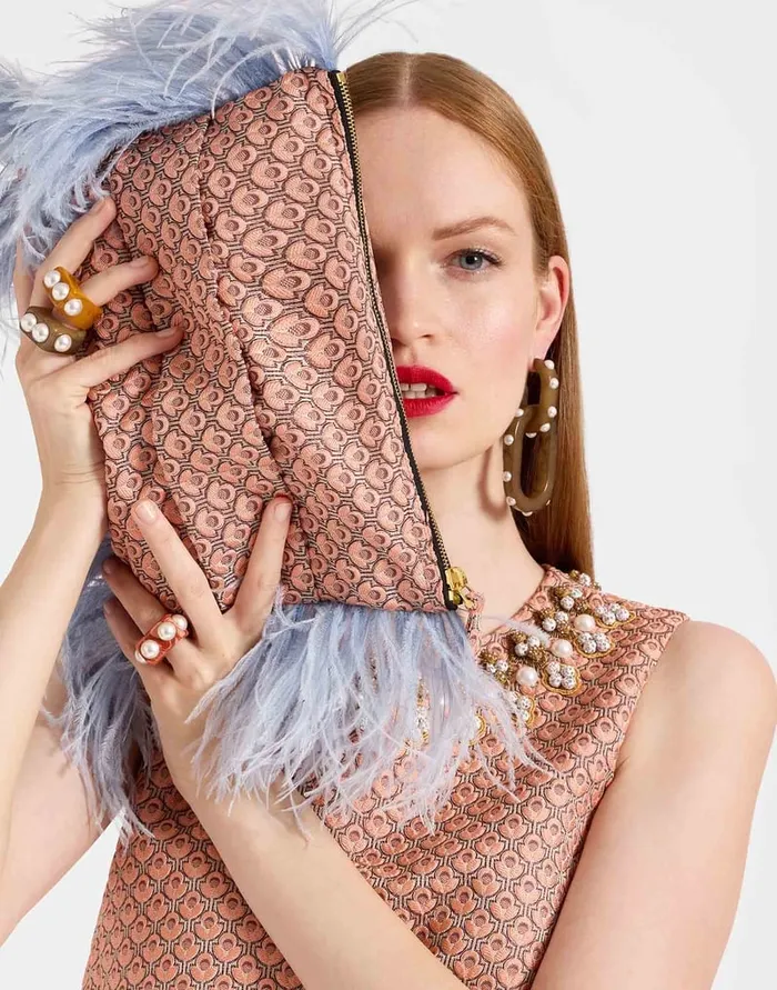 La Doublej Party Pochette Tulip Pale Pink In Jacquard With Feathers Women Bags and Pochettes