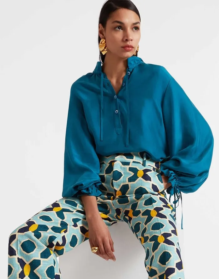 La Doublej Shirt And Sassy Solid Blue Petrol In Washed Silk Women Shirts and Tops