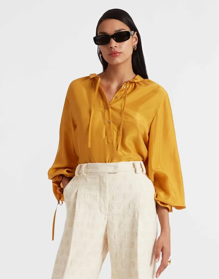 La Doublej Shirt And Sassy Solid Gold In Washed Silk Women Shirts and Tops