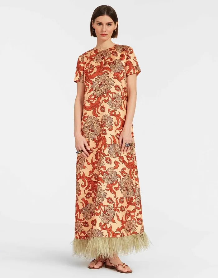 La Doublej Swing Dress Reef Pale Pink In Silk Twill With Feathers Women Party Dressing La Doublej Swing Dress Reef Pale Pink In Silk Twill With Feathers Women Party Dressing