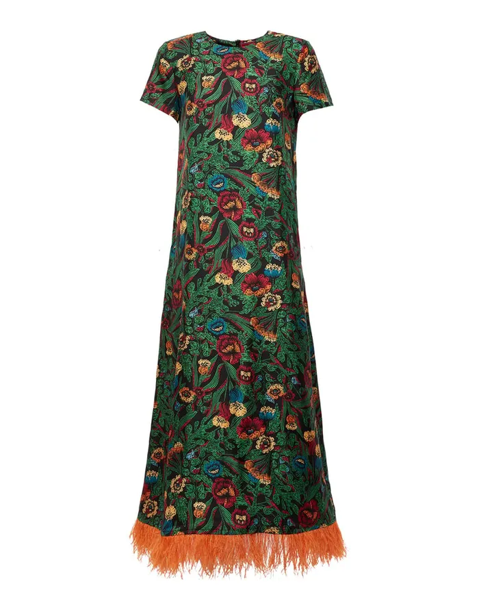 La Doublej Swing Dress With Feathers Night Garden In Silk Twill Women Dresses