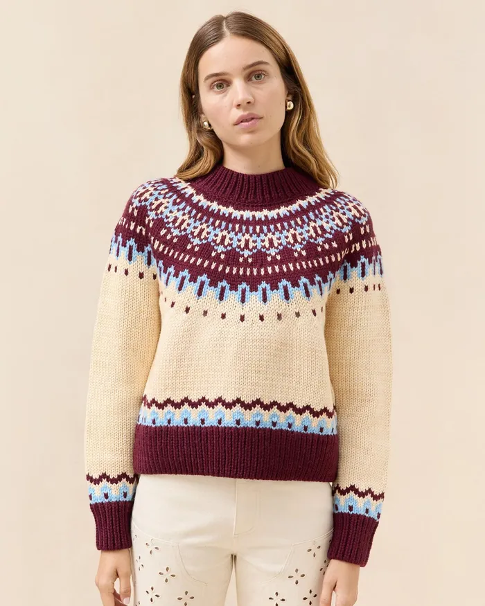 Loeffler Randall Florence CreamMaroon Fairisle Sweater Women Knitwear