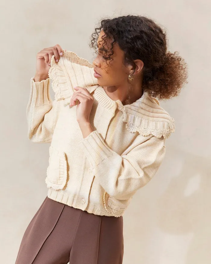 Loeffler Randall Lo CreamBrown Collared Cardigan L Sweaters and Knits L Apparel Women Knitwear
