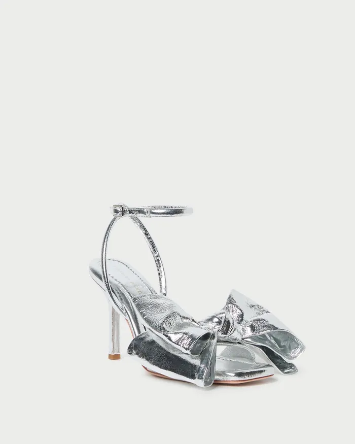 Loeffler Randall Marlena Silver Leather Bow Sandal Women Heeled Sandals