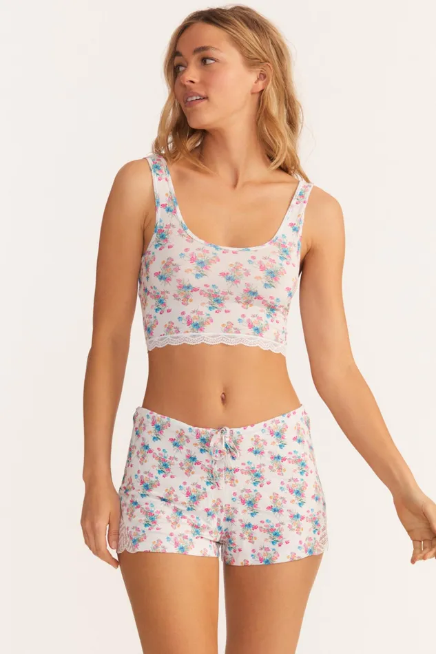 LoveShackFancy Underwear Womens Cabbage Rose Bow Crop Top and Short Set MULTI
