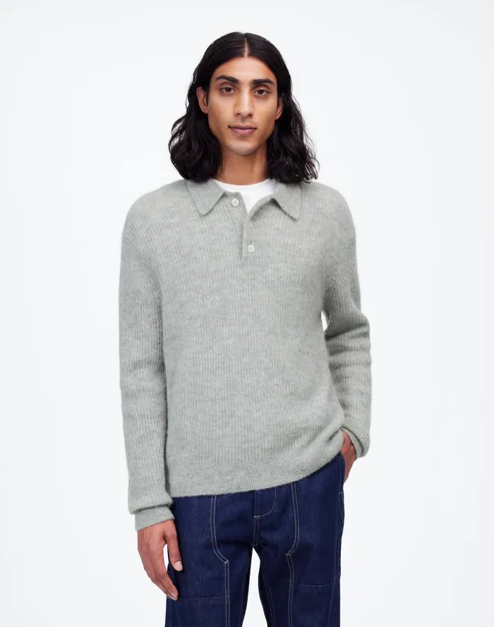 Men AlpacaBlend Sweater Polo Shirt Heather Grey Madewell Shirts
