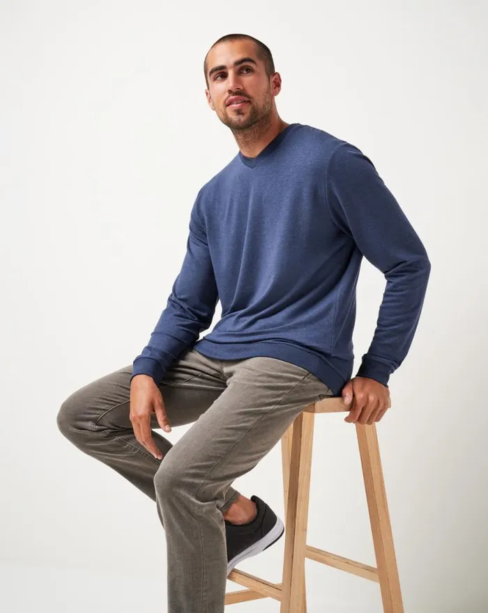 Men AMENITIES VNECK CREW Heather Blue Nights TravisMathew Hoodies and Sweatshirts