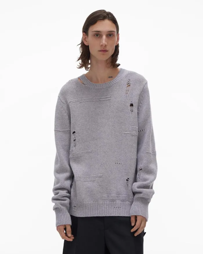 Men Distressed Sweater Grey Melange Helmut Lang Sweaters