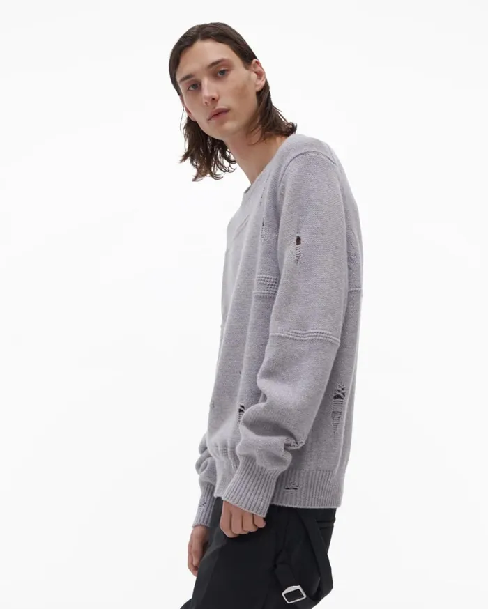 Men Distressed Sweater Grey Melange Helmut Lang Sweaters