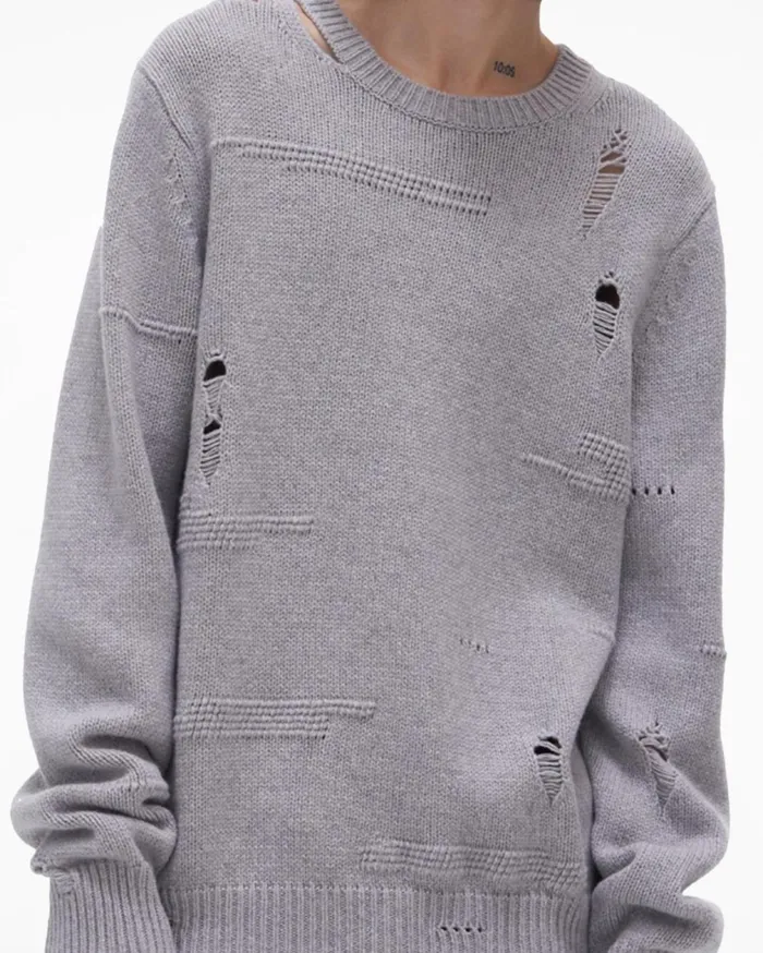 Men Distressed Sweater Grey Melange Helmut Lang Sweaters