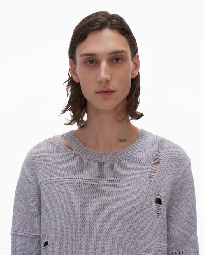 Men Distressed Sweater Grey Melange Helmut Lang Sweaters