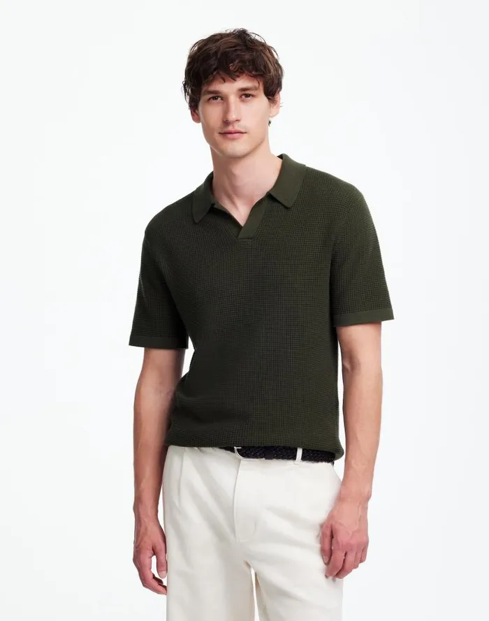 Men JohnnyCollar ShortSleeve Sweater Polo Mossy Umber Madewell Shirts