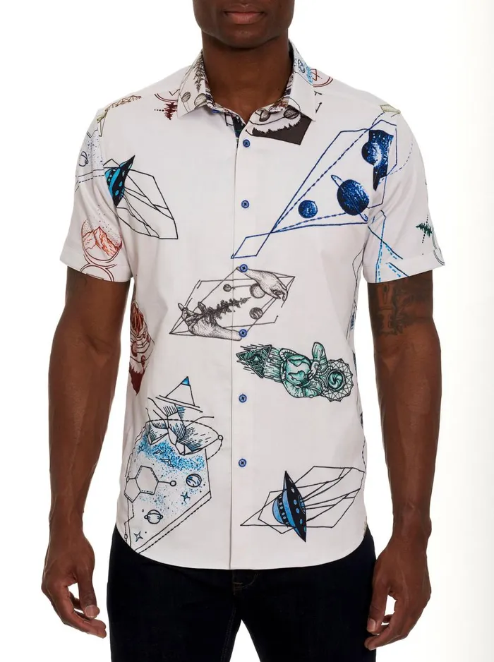 Men Robert Graham Button Down Shirts BLACK HOLE SHORT SLEEVE BUTTON DOWN SHIRT WHITE