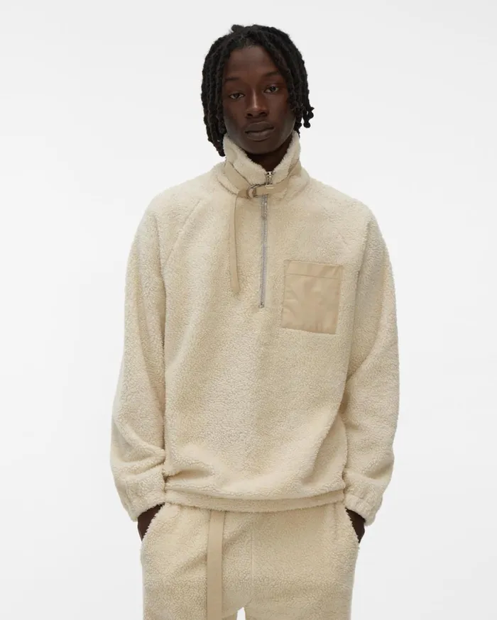 Men Shaggy Fleece Pullover Sweatshirt Winter White Helmut Lang Sweatshirts