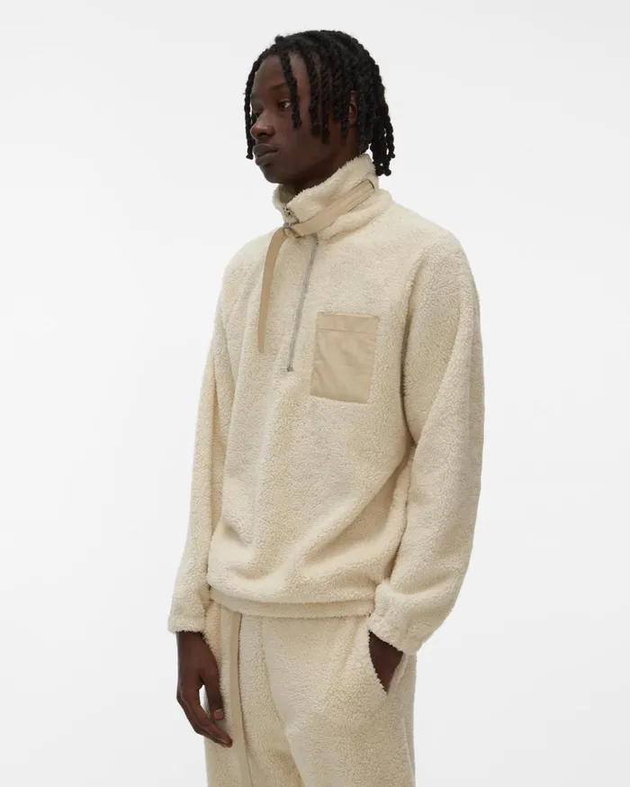 Men Shaggy Fleece Pullover Sweatshirt Winter White Helmut Lang Sweatshirts