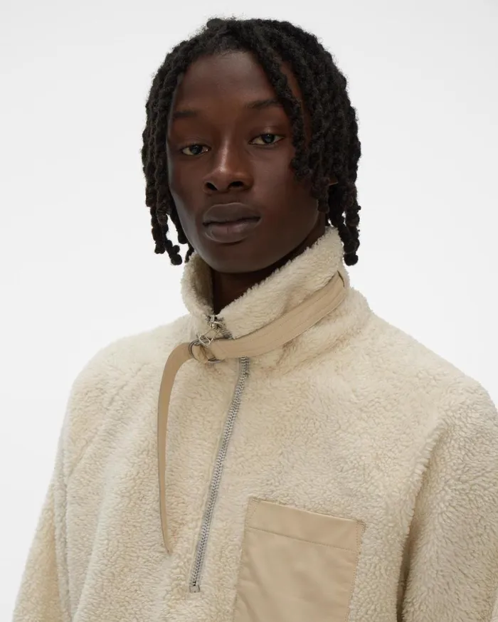 Men Shaggy Fleece Pullover Sweatshirt Winter White Helmut Lang Sweatshirts