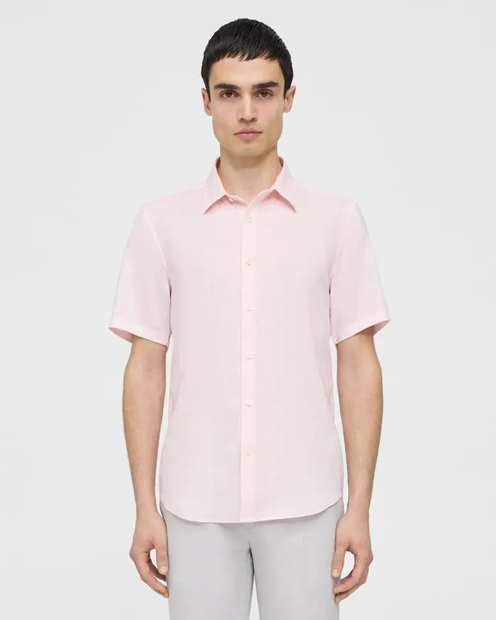 Men Theory Shirts Irving ShortSleeve Shirt In Relaxed Linen Cradle Pink
