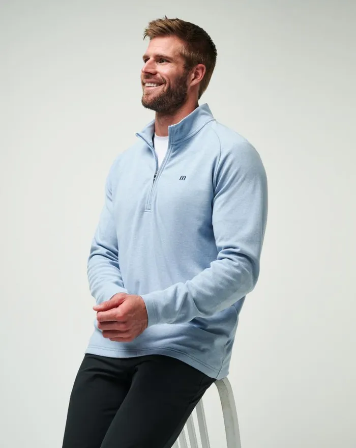 Men UPGRADED QUARTER ZIP Light Blue TravisMathew Quarter Zips