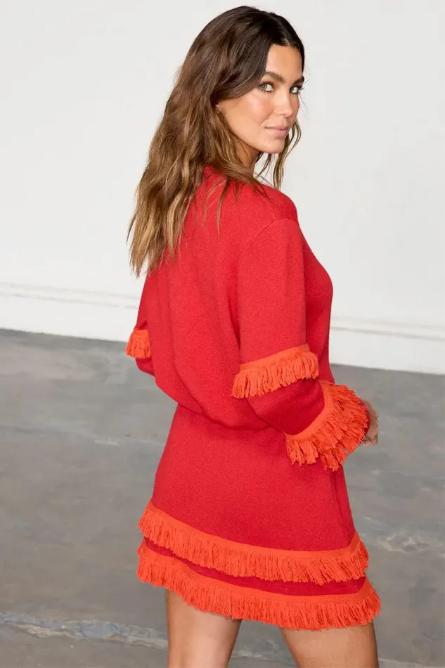 Never Fully Dressed Knitwear Red Fringe Holly Cardigan 8211 Women