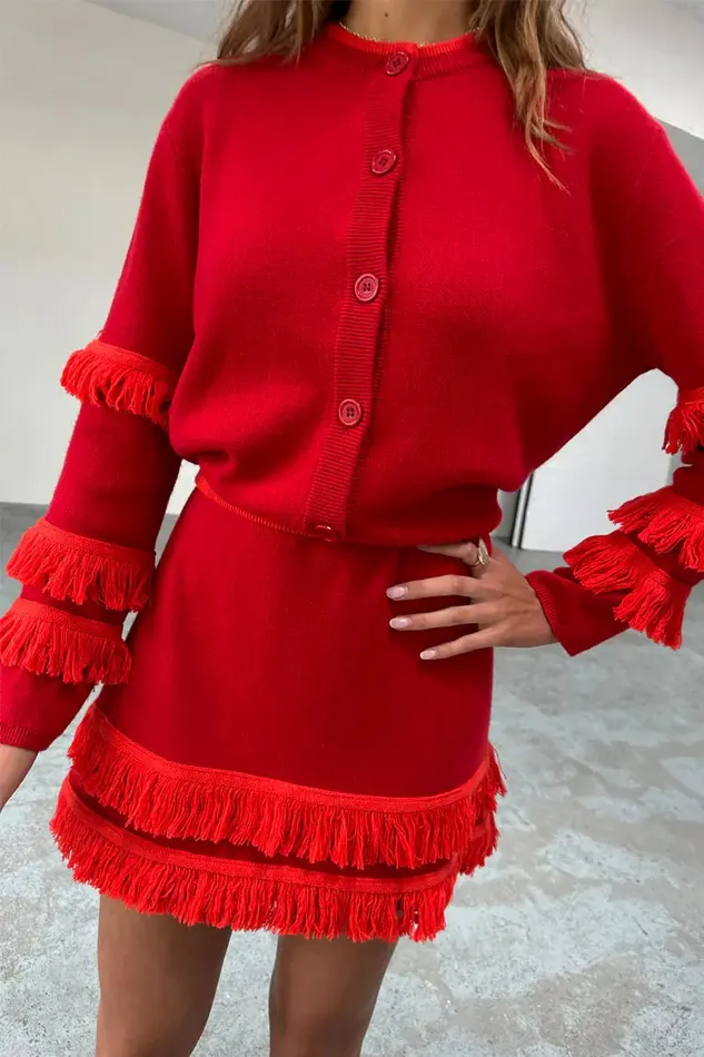 Never Fully Dressed Knitwear Red Fringe Holly Cardigan 8211 Women