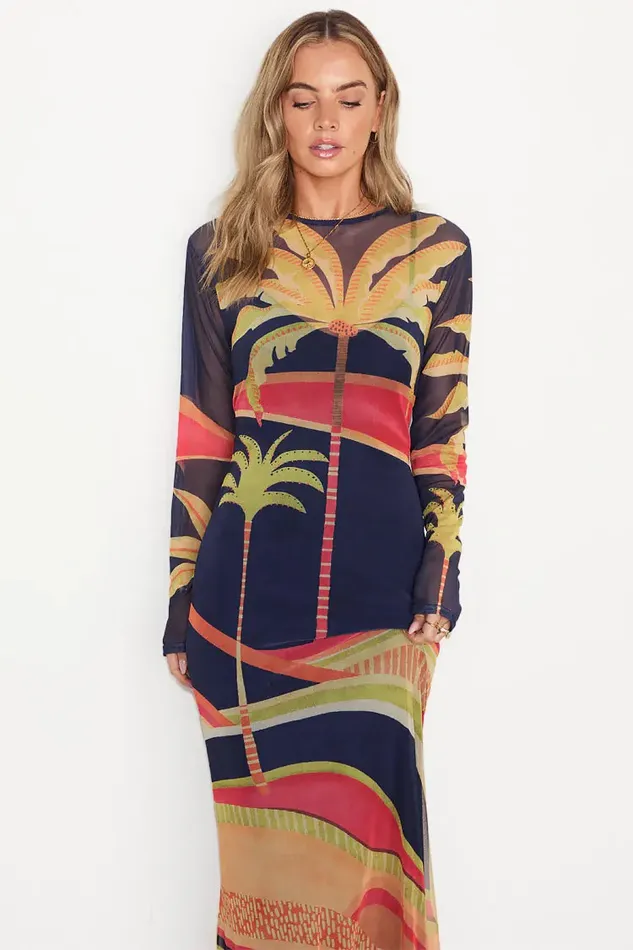 Never Fully Dressed Midi Blue Palm Mesh Dress 8211 Women