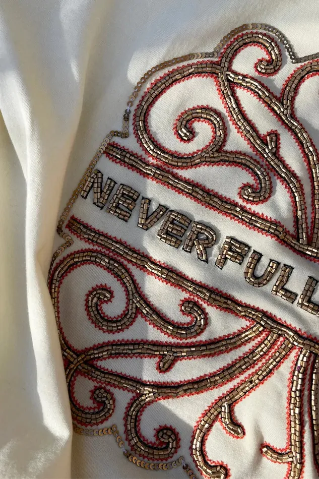 Never Fully Dressed Tops and TShirts Cream Beaded Logo Tshirt 8211 Women