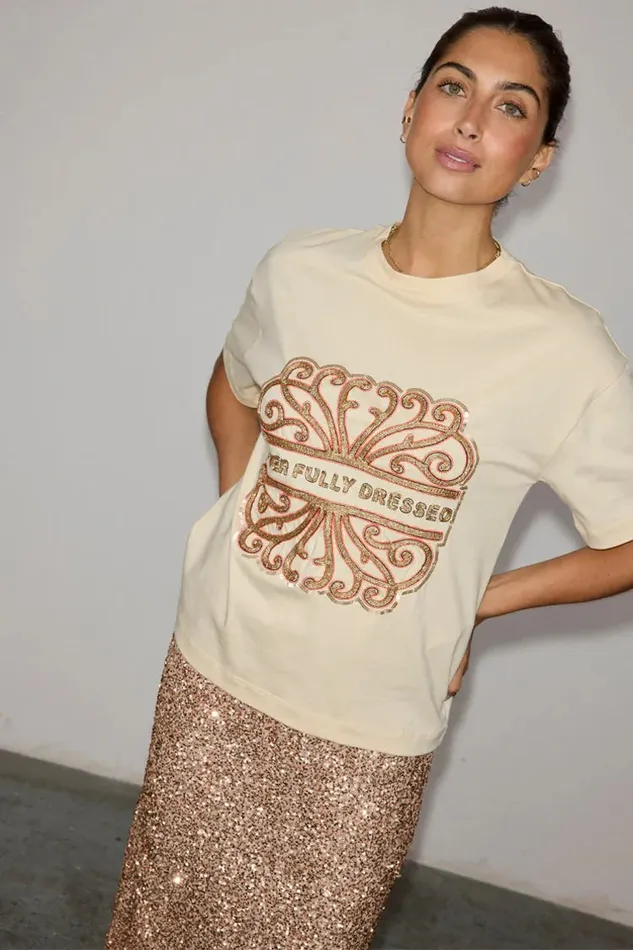 Never Fully Dressed Tops and TShirts Cream Beaded Logo Tshirt 8211 Women