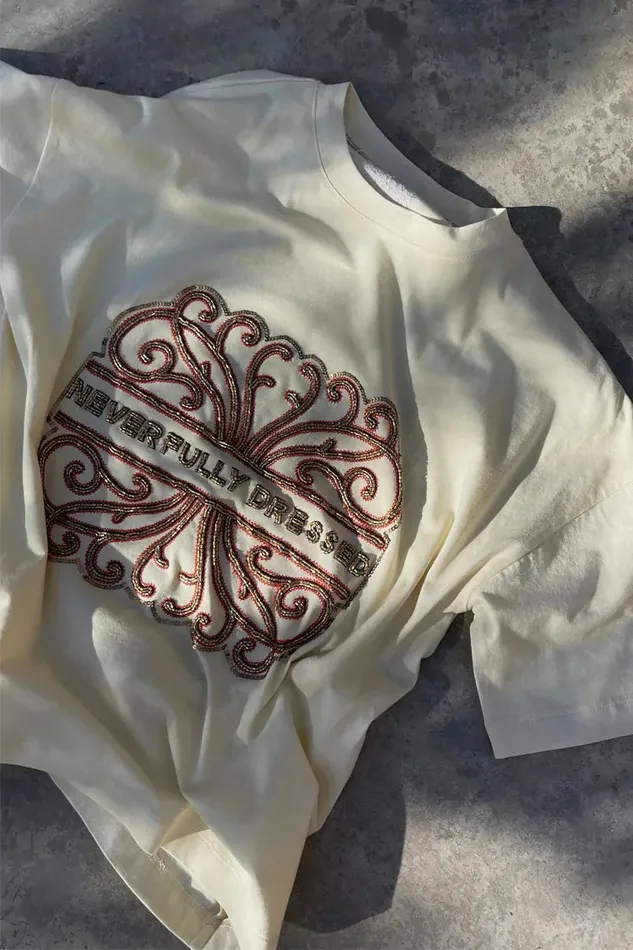 Never Fully Dressed Tops and TShirts Cream Beaded Logo Tshirt 8211 Women