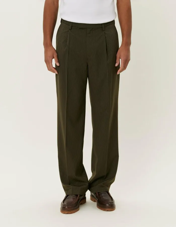 Pants Men Les Deux Reece Pleated Pinstripe Suit Pants 8211 Forest GreenLight Grey