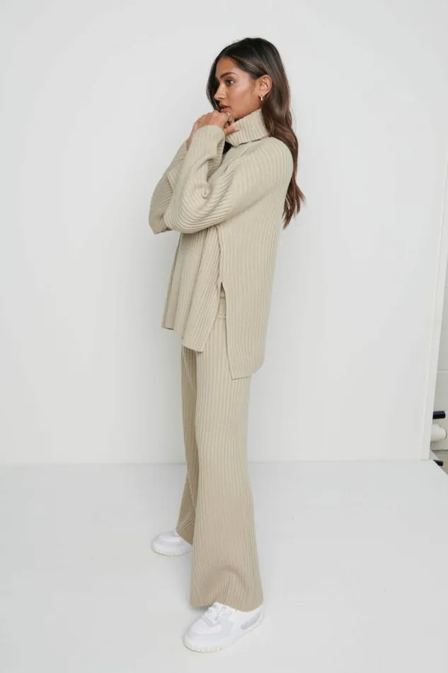 Pretty Lavish Bottoms Women Lina Ribbed Trousers Stone Beige