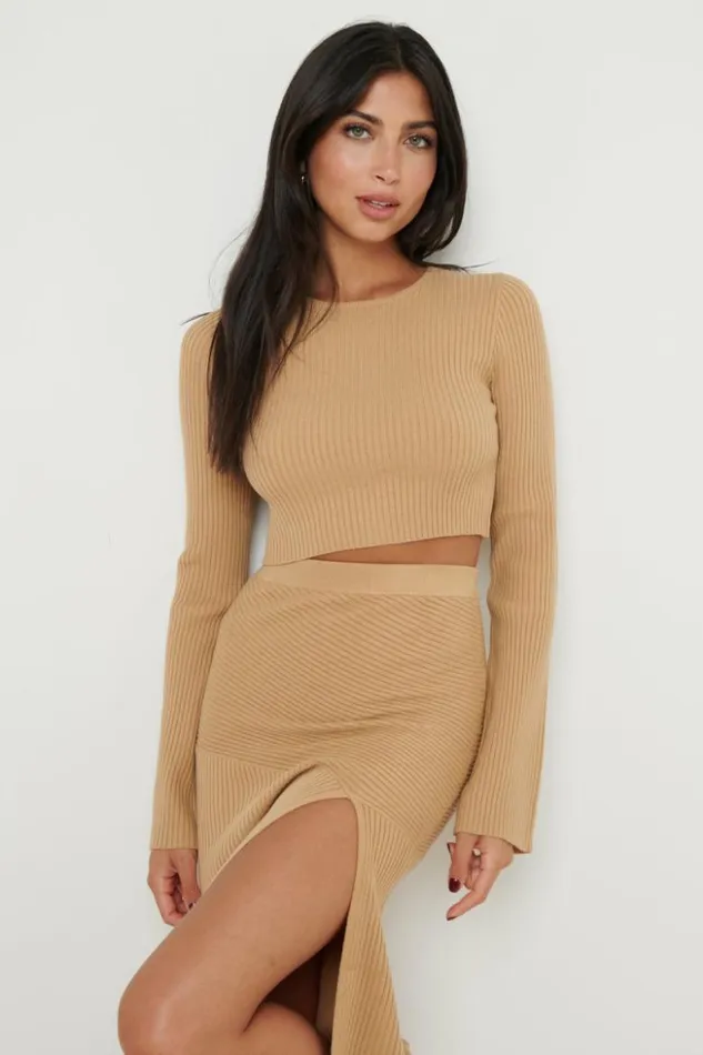 Pretty Lavish Bottoms Women Sofia Asymmetric Knit Skirt Brown