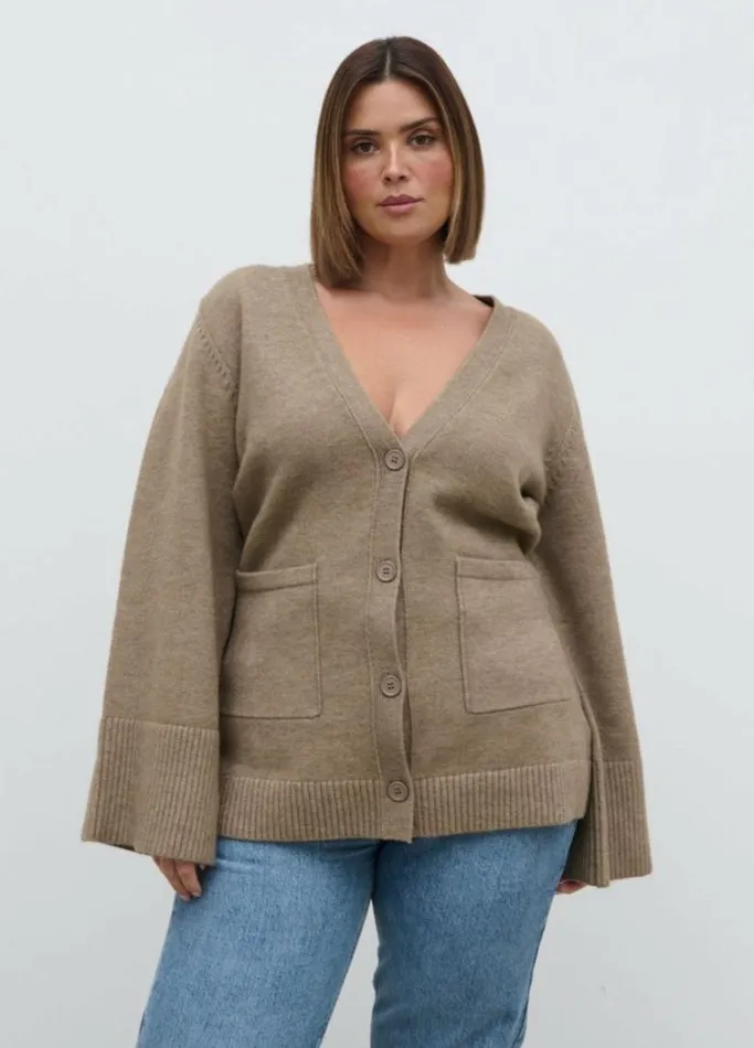 Pretty Lavish Curve Women Autumn Knit Cardigan Curve Brown