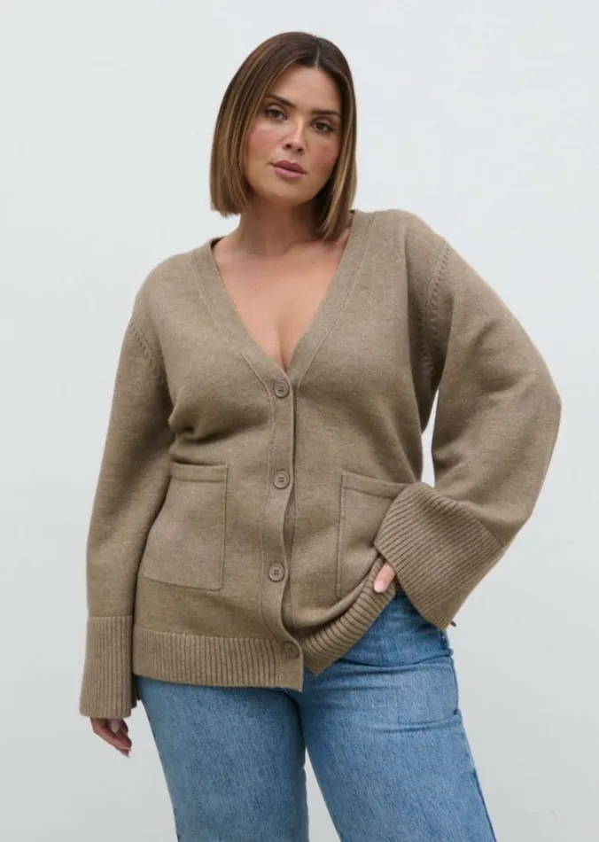 Pretty Lavish Curve Women Autumn Knit Cardigan Curve Brown