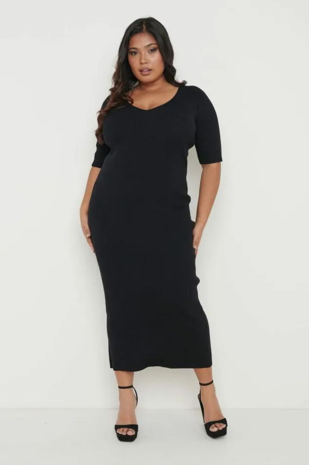 Pretty Lavish Curve Women Lara Ribbed Midi Dress Black