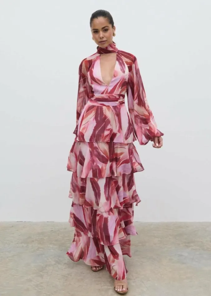 Pretty Lavish Dresses Women Anya Plunge Neck Ruffle Maxi Dress Feather Print