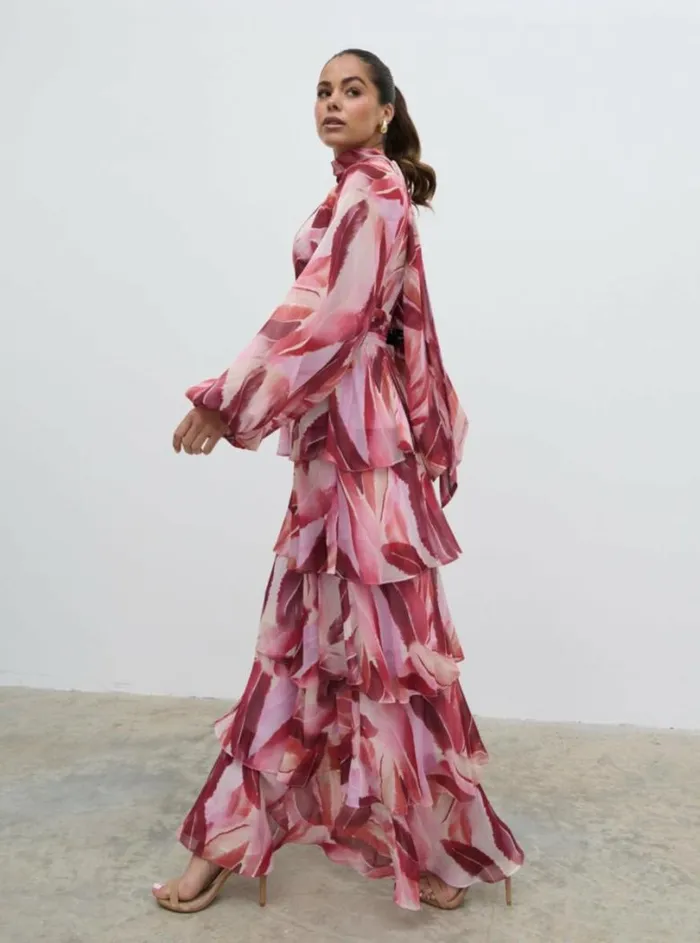 Pretty Lavish Dresses Women Anya Plunge Neck Ruffle Maxi Dress Feather Print