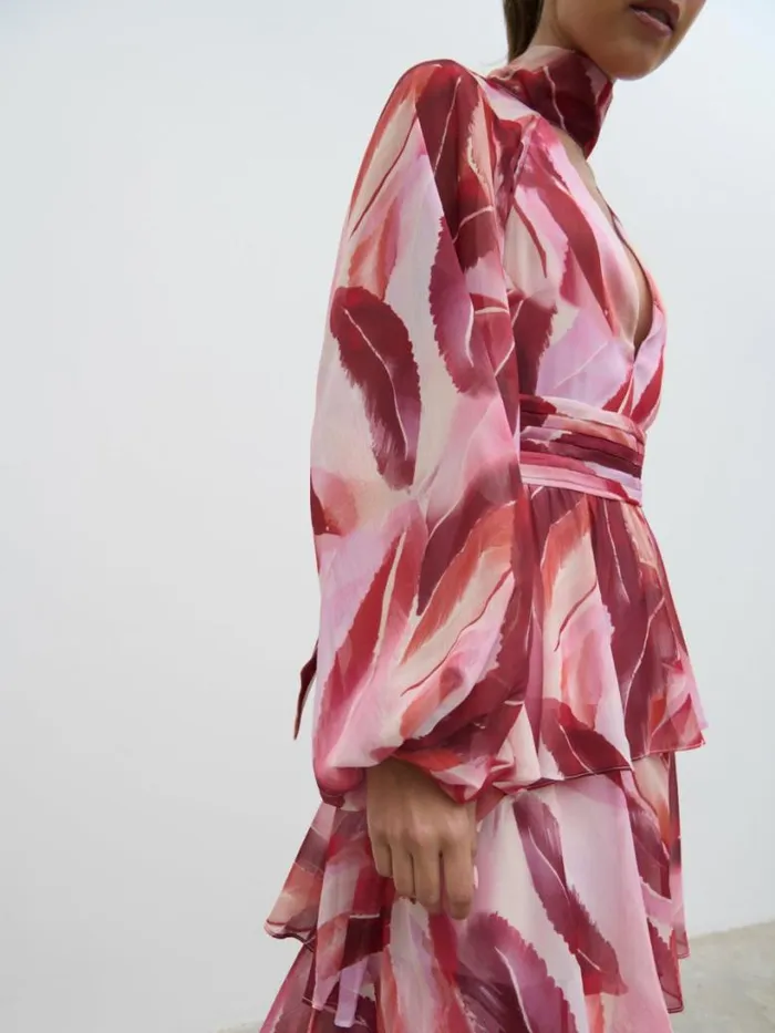 Pretty Lavish Dresses Women Anya Plunge Neck Ruffle Maxi Dress Feather Print