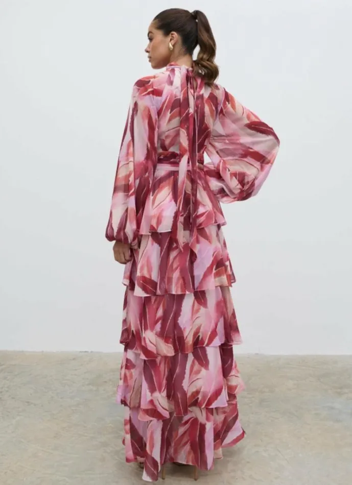 Pretty Lavish Dresses Women Anya Plunge Neck Ruffle Maxi Dress Feather Print
