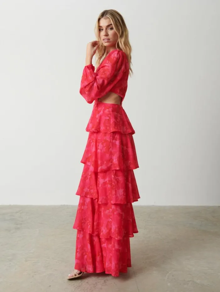 Pretty Lavish Dresses Women Ashton Cut Out Maxi Dress Pink And Red Watercolour Pretty Lavish Dresses Women Ashton Cut Out Maxi Dress Pink And Red Watercolour