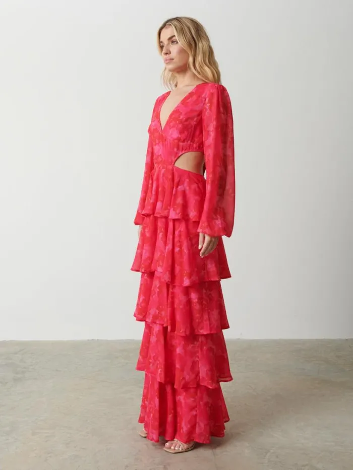 Pretty Lavish Dresses Women Ashton Cut Out Maxi Dress Pink And Red Watercolour