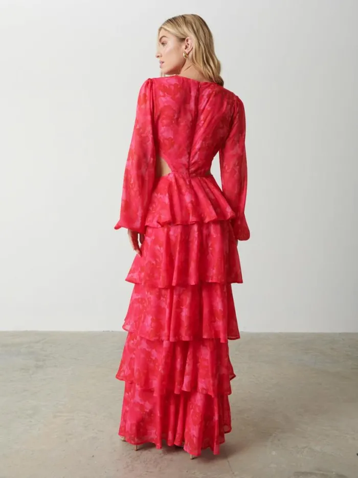 Pretty Lavish Dresses Women Ashton Cut Out Maxi Dress Pink And Red Watercolour