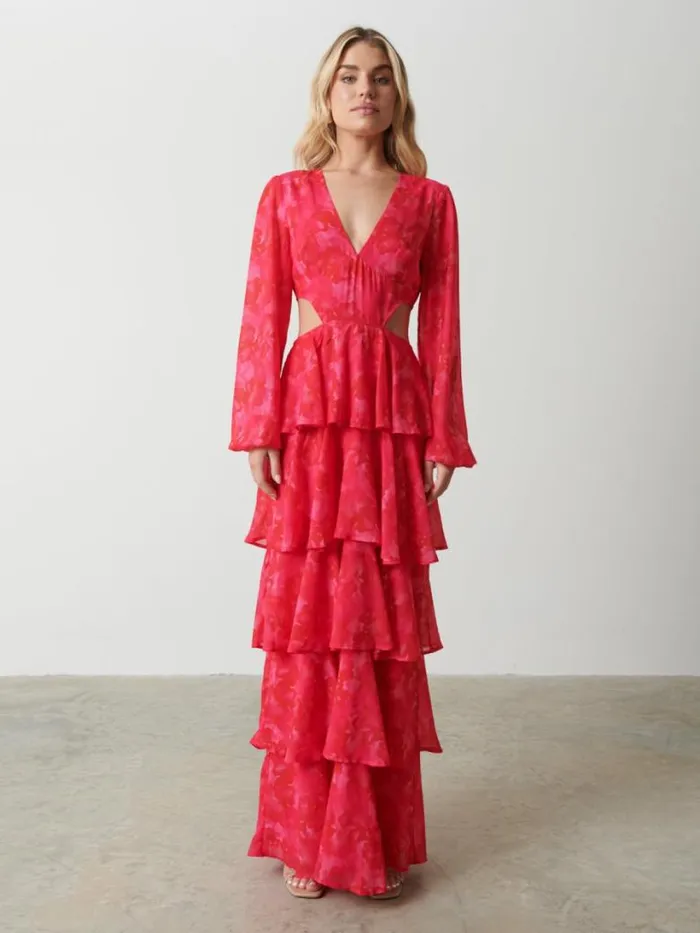 Pretty Lavish Dresses Women Ashton Cut Out Maxi Dress Pink And Red Watercolour