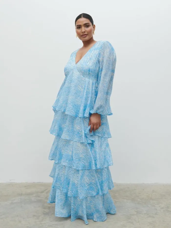 Pretty Lavish Dresses Women Ashton Ruffle Maxi Dress Curve Blue Swirl